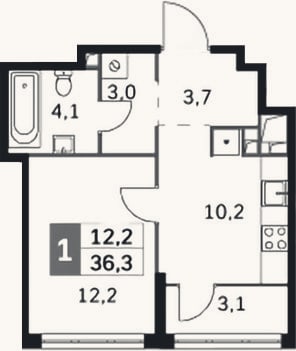 Планировка: 1-к, 33,2 м²
