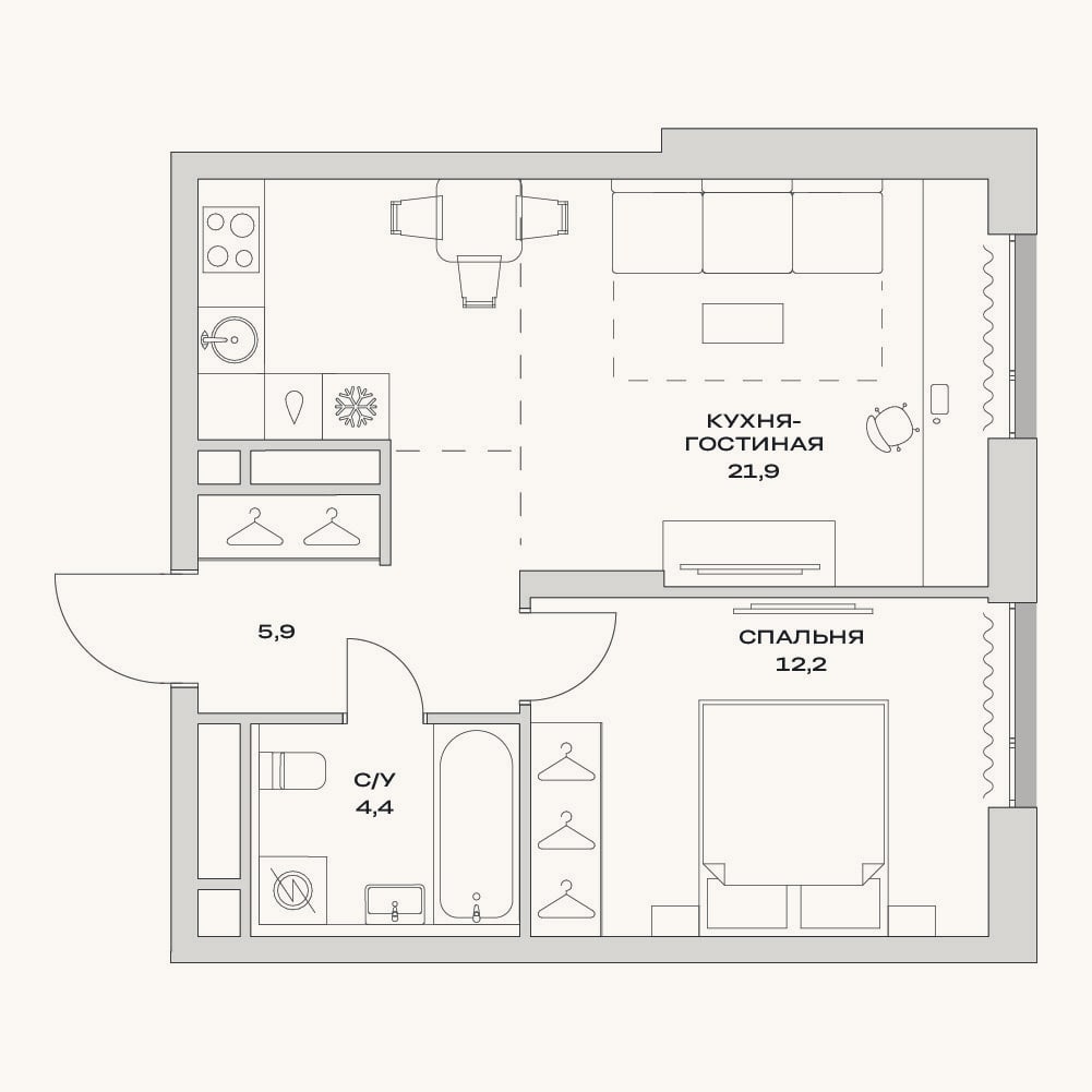 Планировка: 2-к, 44,4 м²