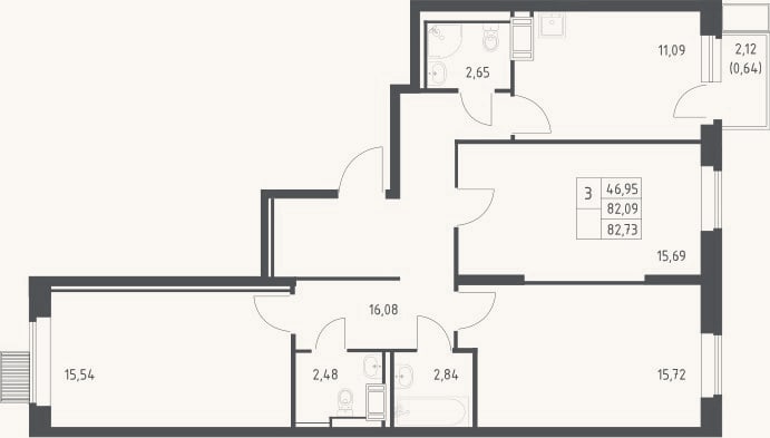 Планировка: 3-к, 82,1 м²