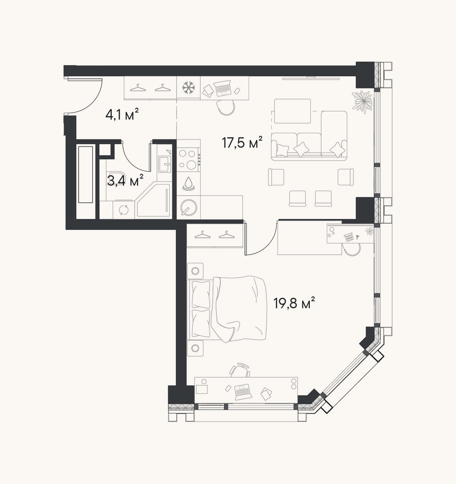 Планировка: 1-к, 44,8 м²