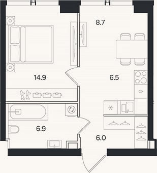 Планировка: 2-к, 43 м²