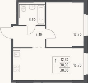 Планировка: 2-к, 38 м²