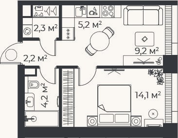 Планировка: 2-к, 37,2 м²