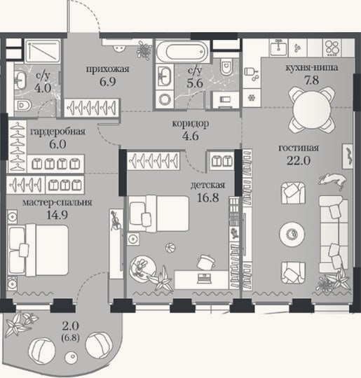 Планировка: 2-к, 88,6 м²