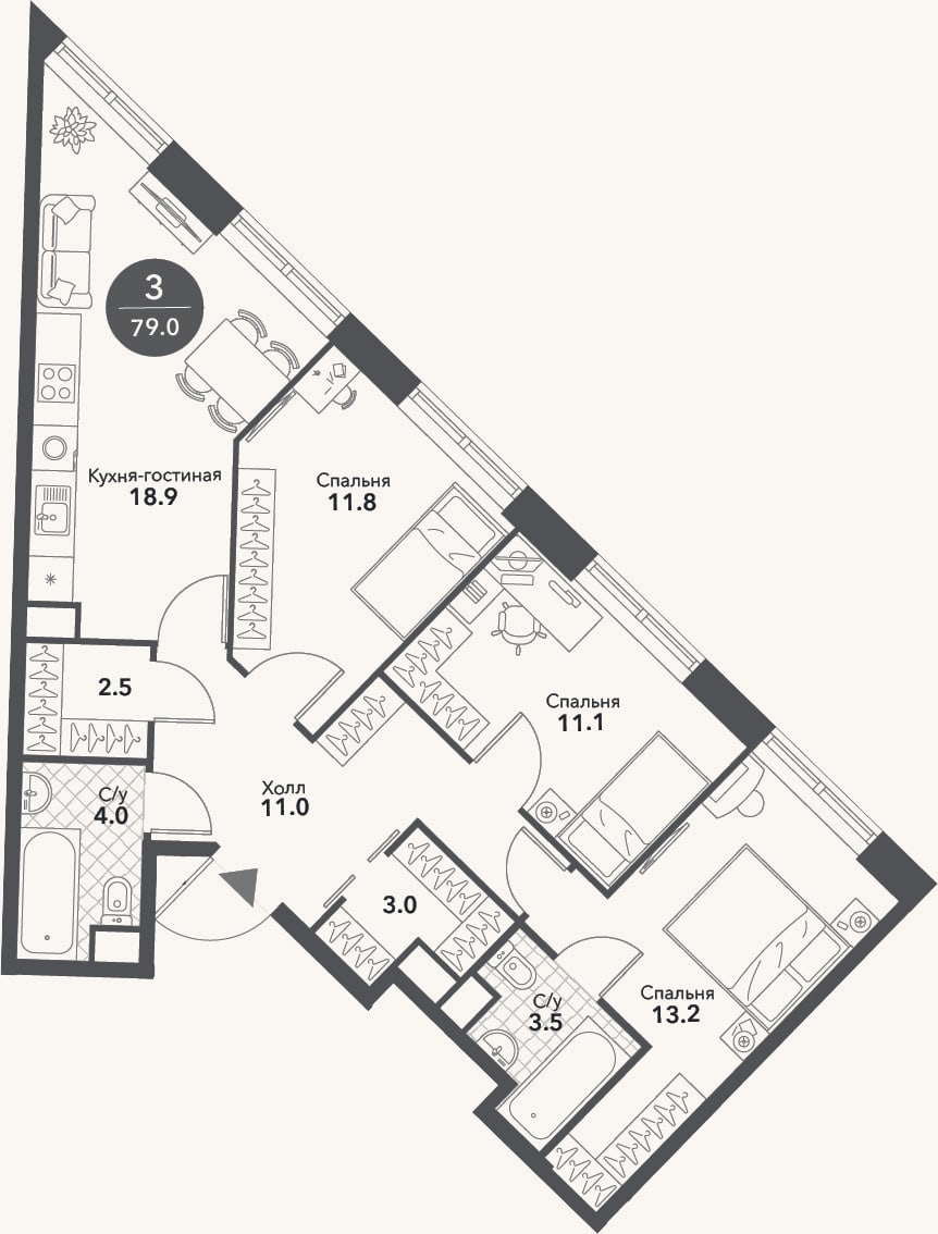 Планировка: 4+ к, 79 м²
