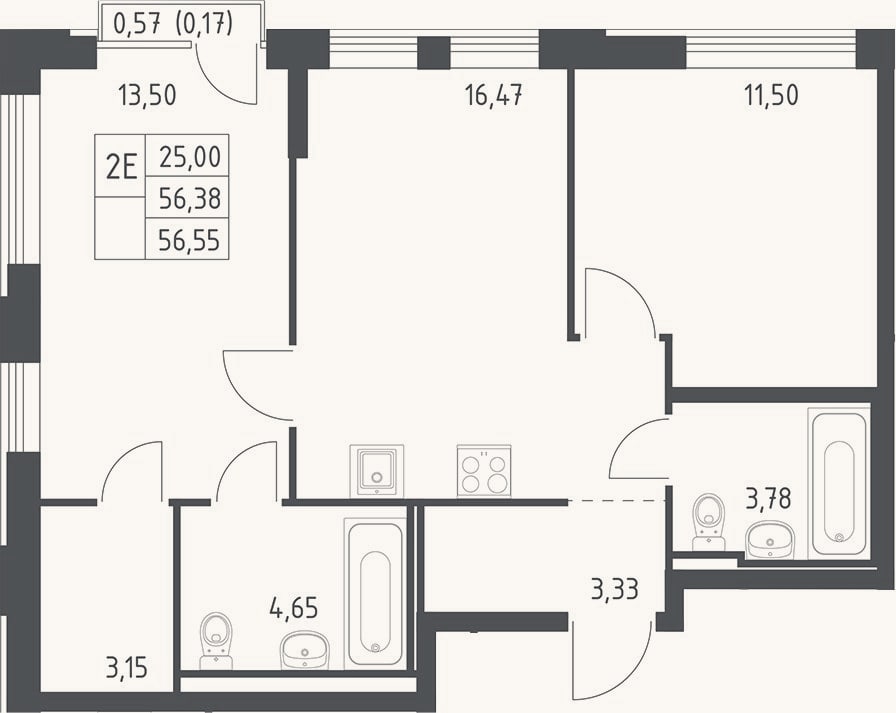 Планировка: 3-к, 56,4 м²