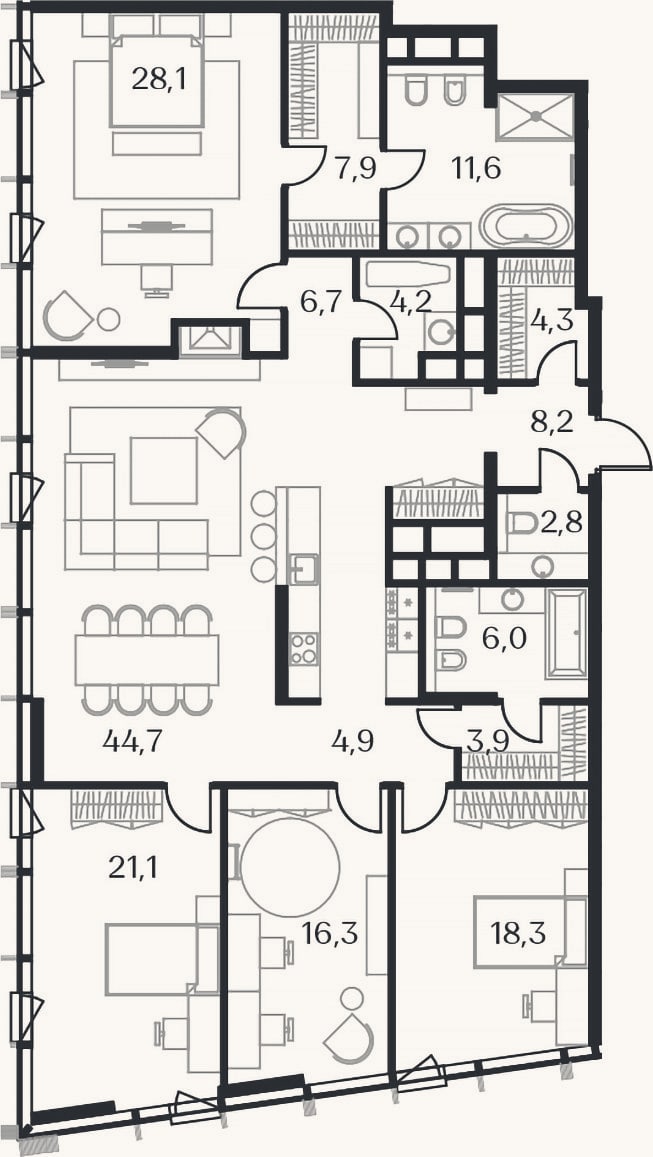 Планировка: 4+ к, 184,8 м²
