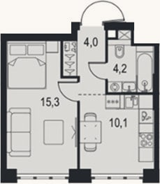 Планировка: 1-к, 33,6 м²