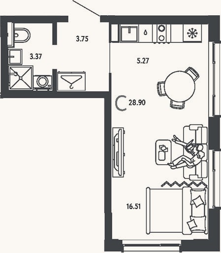 Планировка: Студия, 28,9 м²