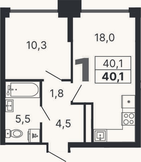 Планировка: 1-к, 40,1 м²