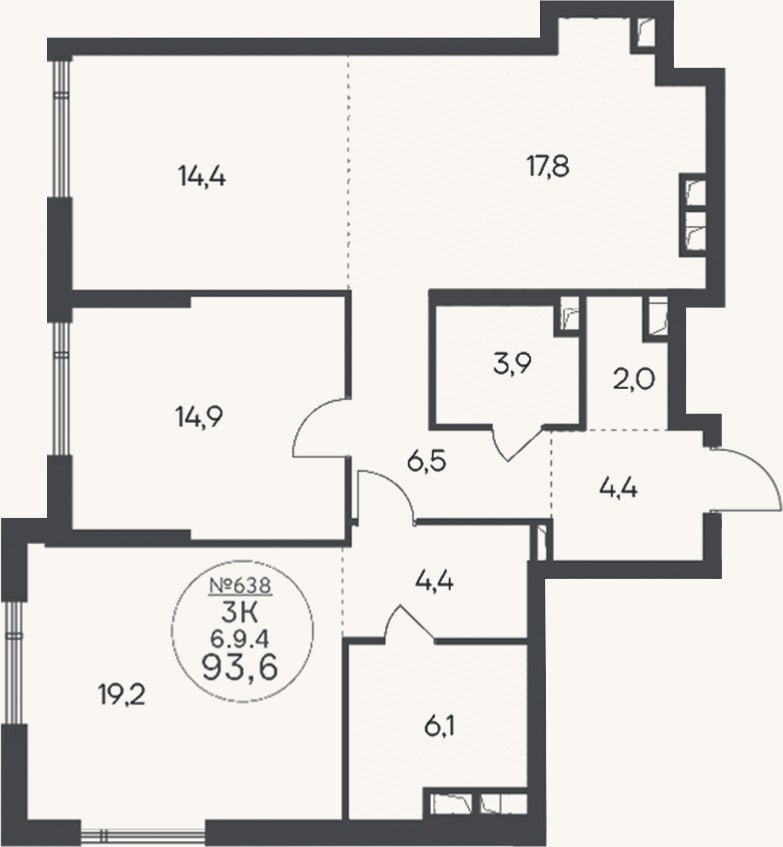 Планировка: 3-к, 93,6 м²