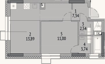 Планировка: 1-к, 38,5 м²