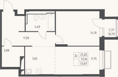 Планировка: 2-к, 53,2 м²