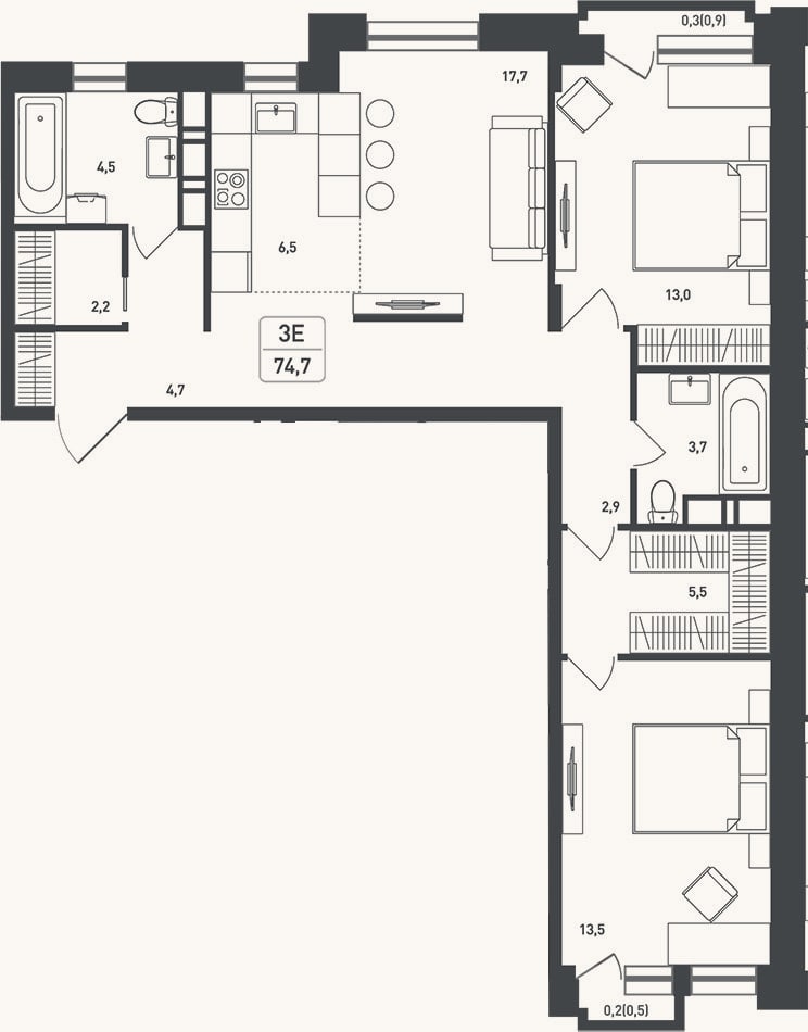 Планировка: 3-к, 77,1 м²