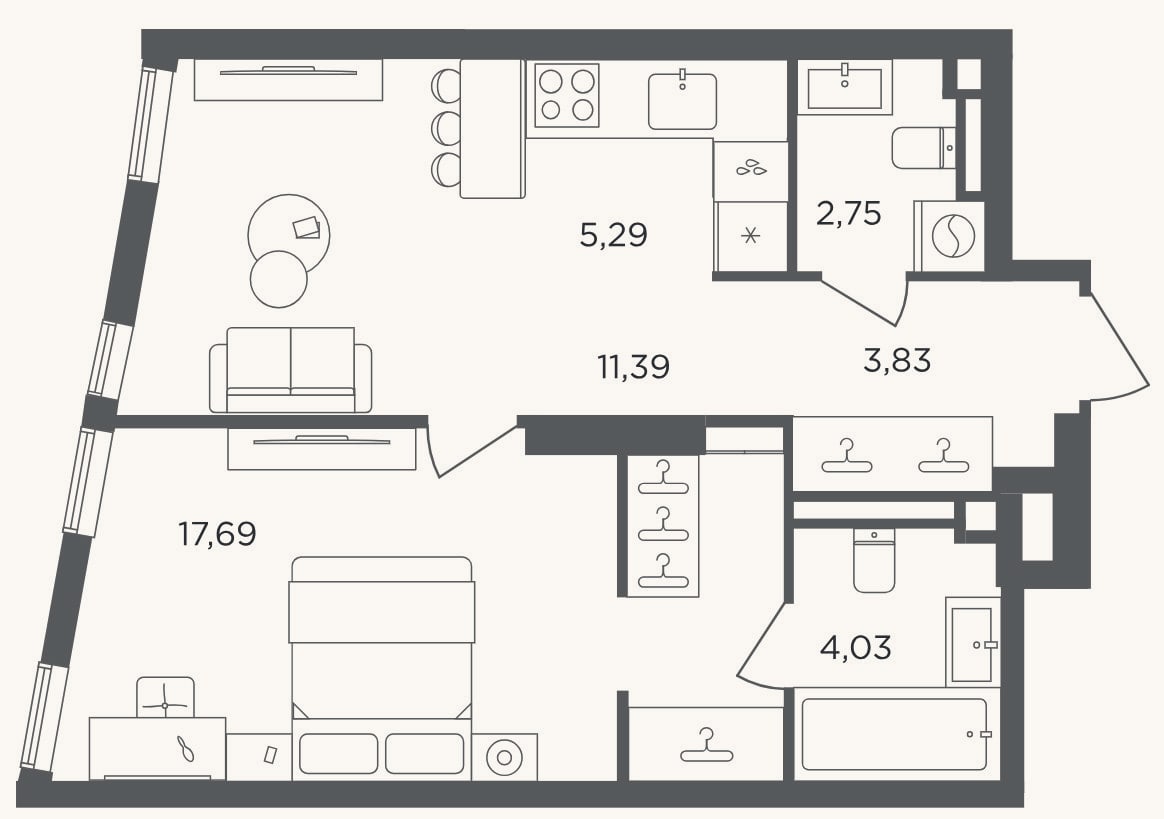 Планировка: 2-к, 45 м²