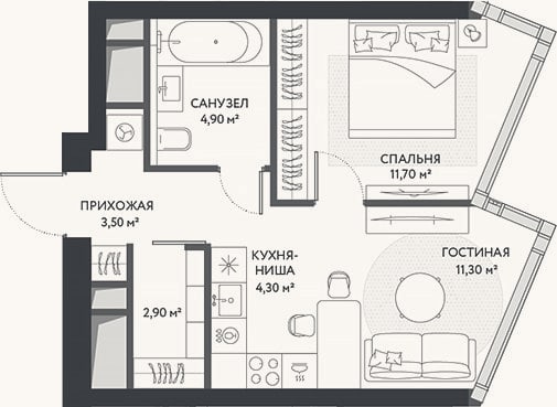 Планировка: 2-к, 38,6 м²
