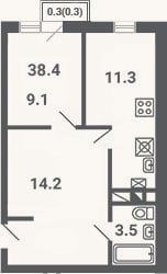 Планировка: 1-к, 38,1 м²