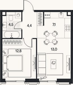Планировка: 2-к, 41,8 м²