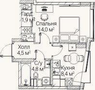 Планировка: 1-к, 33,4 м²