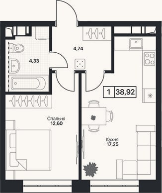 Планировка: 1-к, 38,9 м²