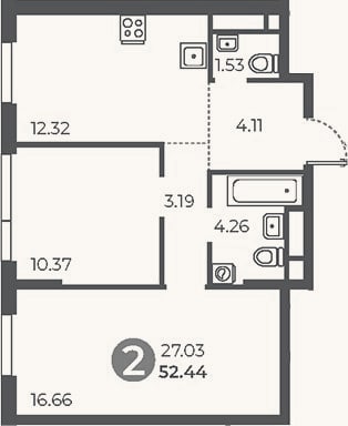 Планировка: 2-к, 52,4 м²