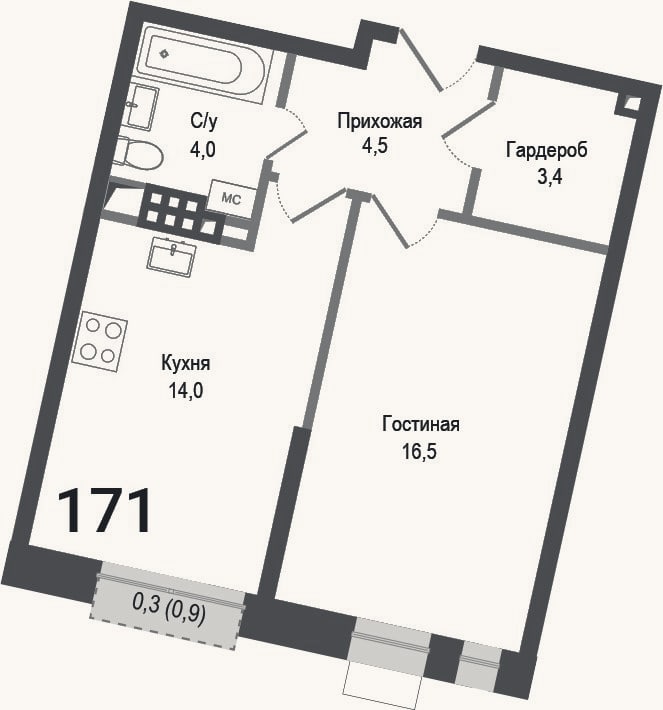 Планировка: 1-к, 42 м²
