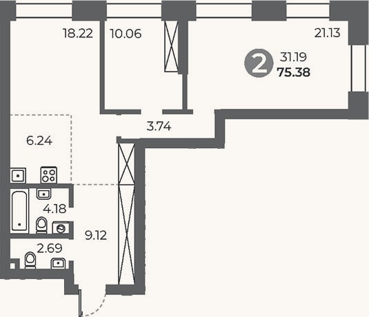 Планировка: 2-к, 75,4 м²