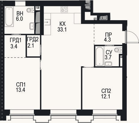 Планировка: 2-к, 79,5 м²