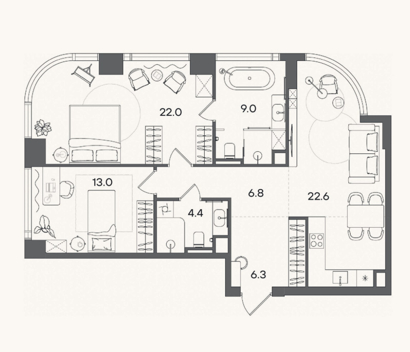 Планировка: 3-к, 84,1 м²