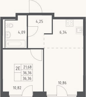 Планировка: 2-к, 36,4 м²