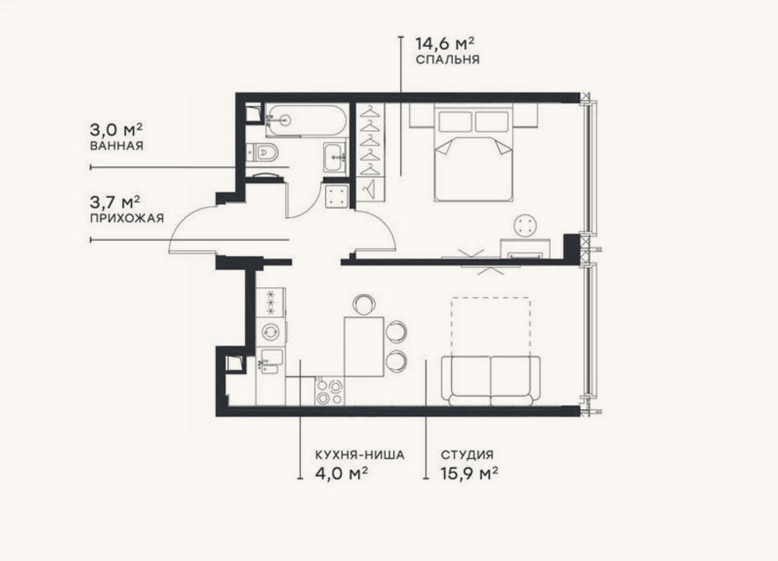 Планировка: 2-к, 40,8 м²