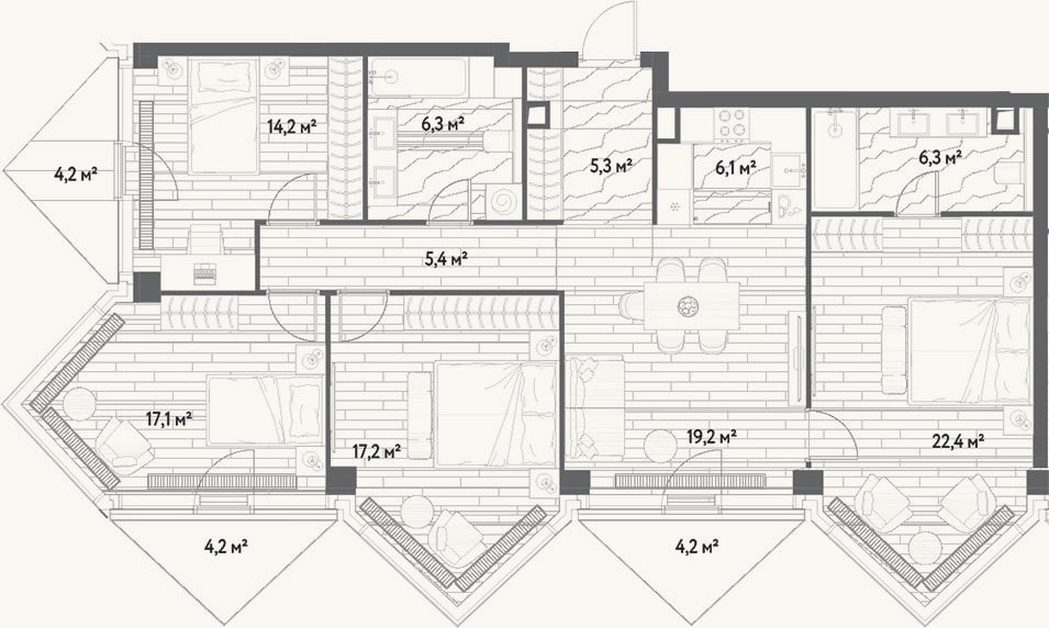 Планировка: 4+ к, 119,5 м²