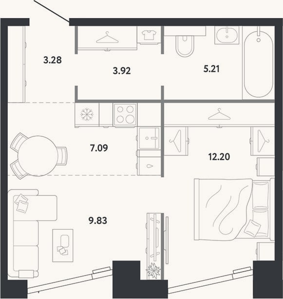 Планировка: 1-к, 41,5 м²