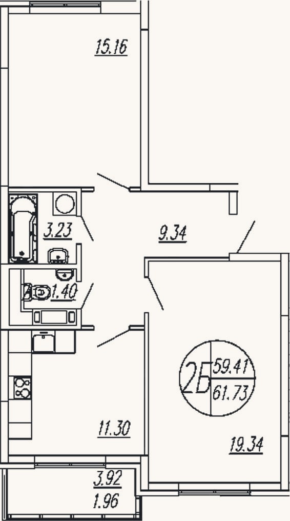 Планировка: 2-к, 59,8 м²