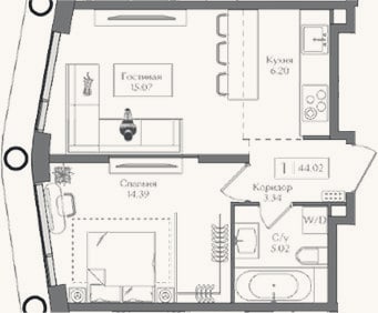 Планировка: 2-к, 44 м²