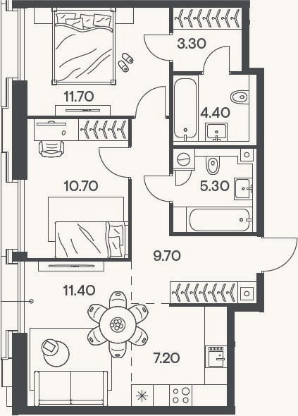 Планировка: 3-к, 63,7 м²