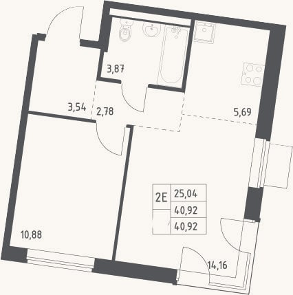 Планировка: 2-к, 40,9 м²
