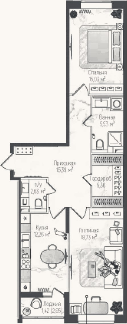 Планировка: 2-к, 75,9 м²