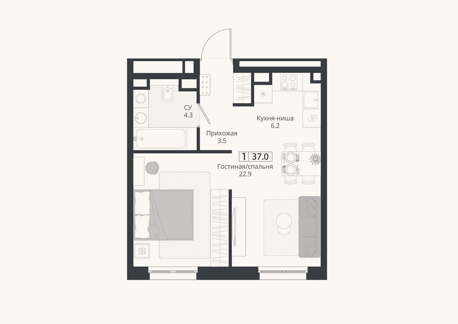 Планировка: Студия, 37 м²