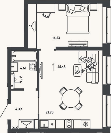 Планировка: 1-к, 45,4 м²