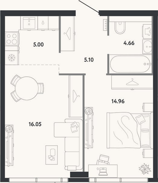 Планировка: 1-к, 44,1 м²
