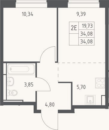 Планировка: 2-к, 34,1 м²