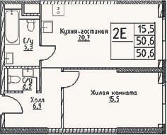 Планировка: 2-к, 50,6 м²