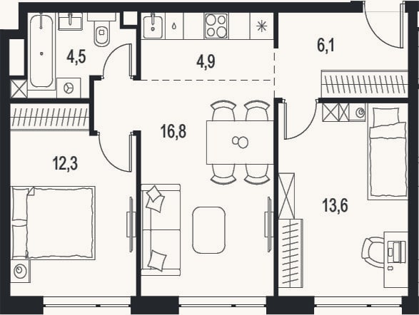 Планировка: 3-к, 58,2 м²