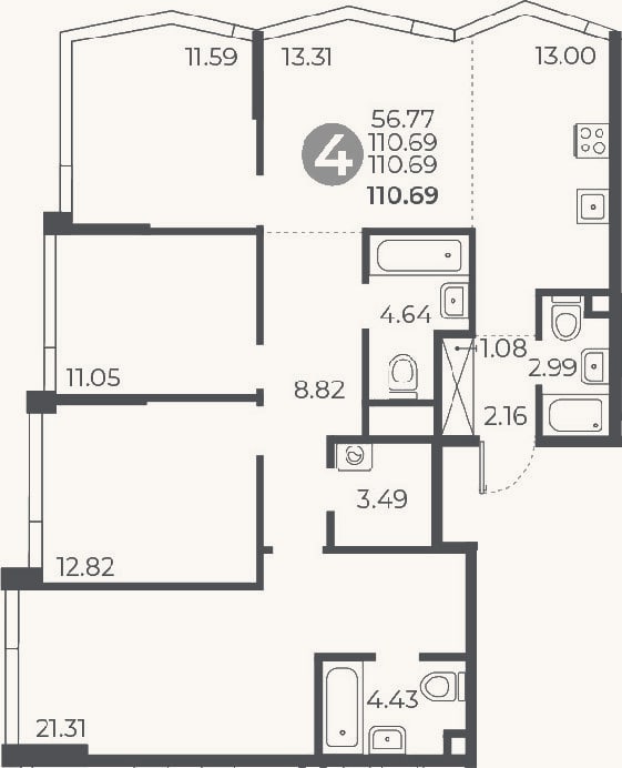 Планировка: 4+ к, 110,7 м²