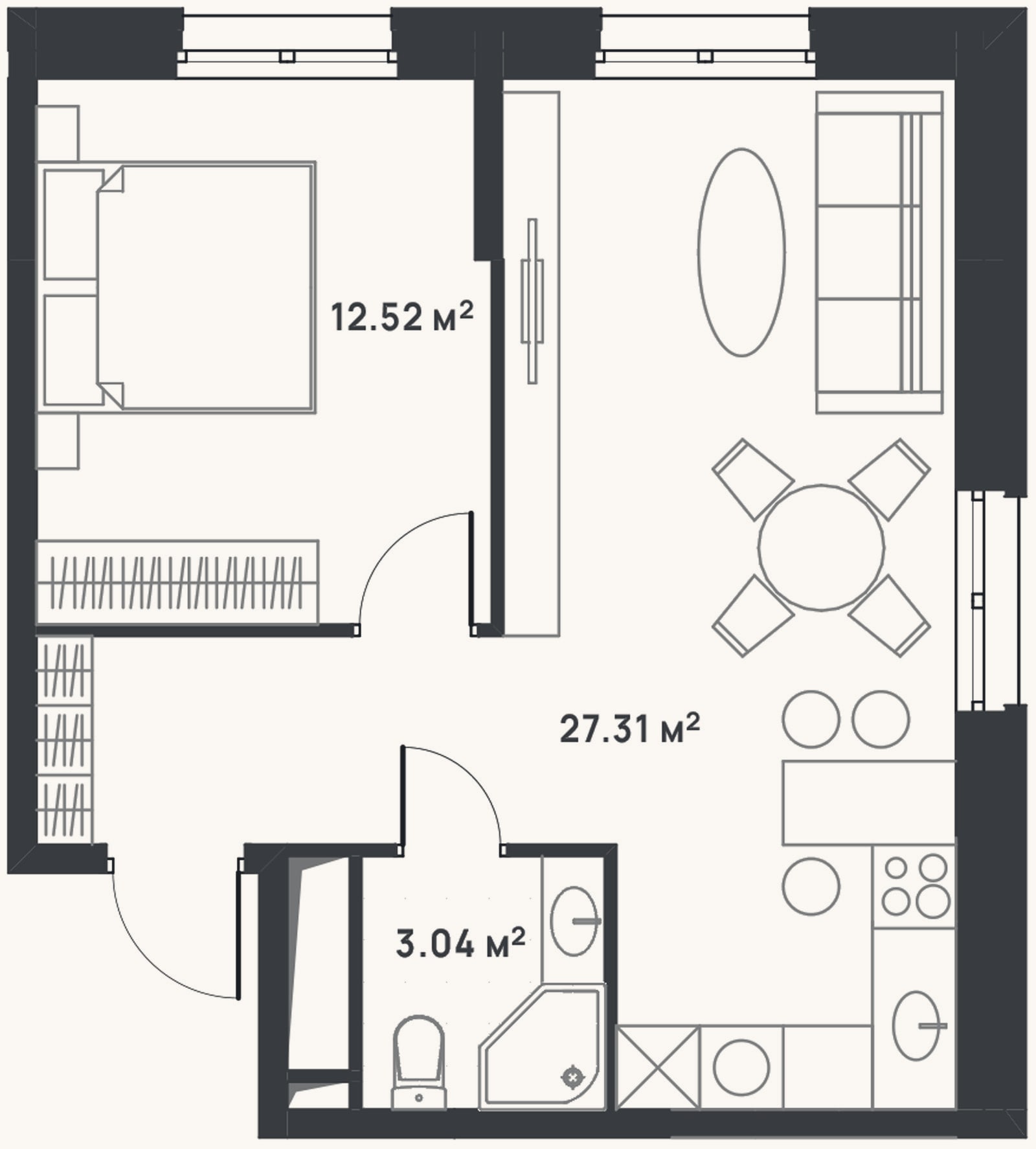 Планировка: 2-к, 42,9 м²