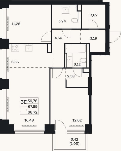 Планировка: 3-к, 67,7 м²