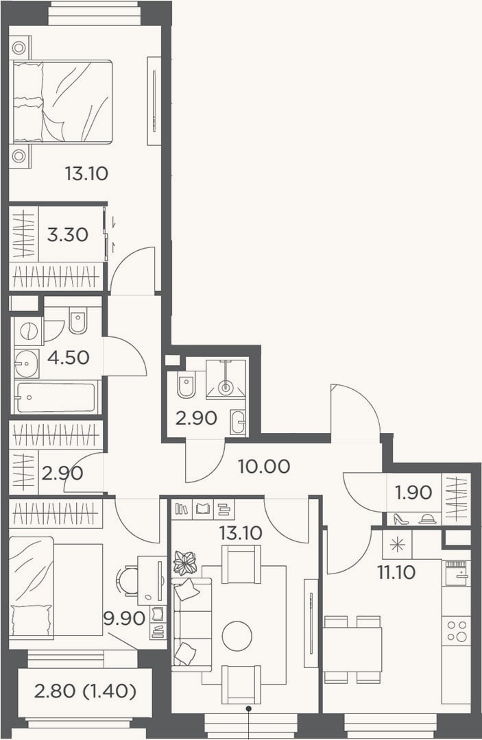 Планировка: 3-к, 75,8 м²