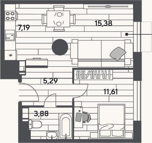 Планировка: 2-к, 43,4 м²