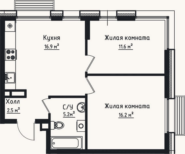 Планировка: 2-к, 52,4 м²